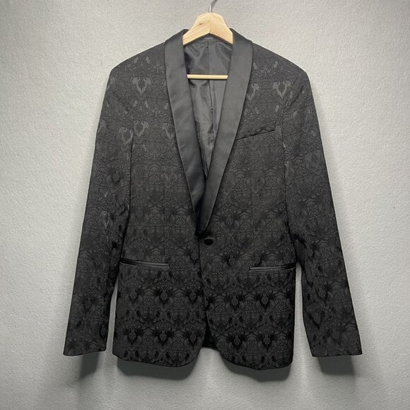 JF J.Ferrar Slim Fit 36 Regular Black Jacquard Tuxedo Blazer - Picture 1 of 8